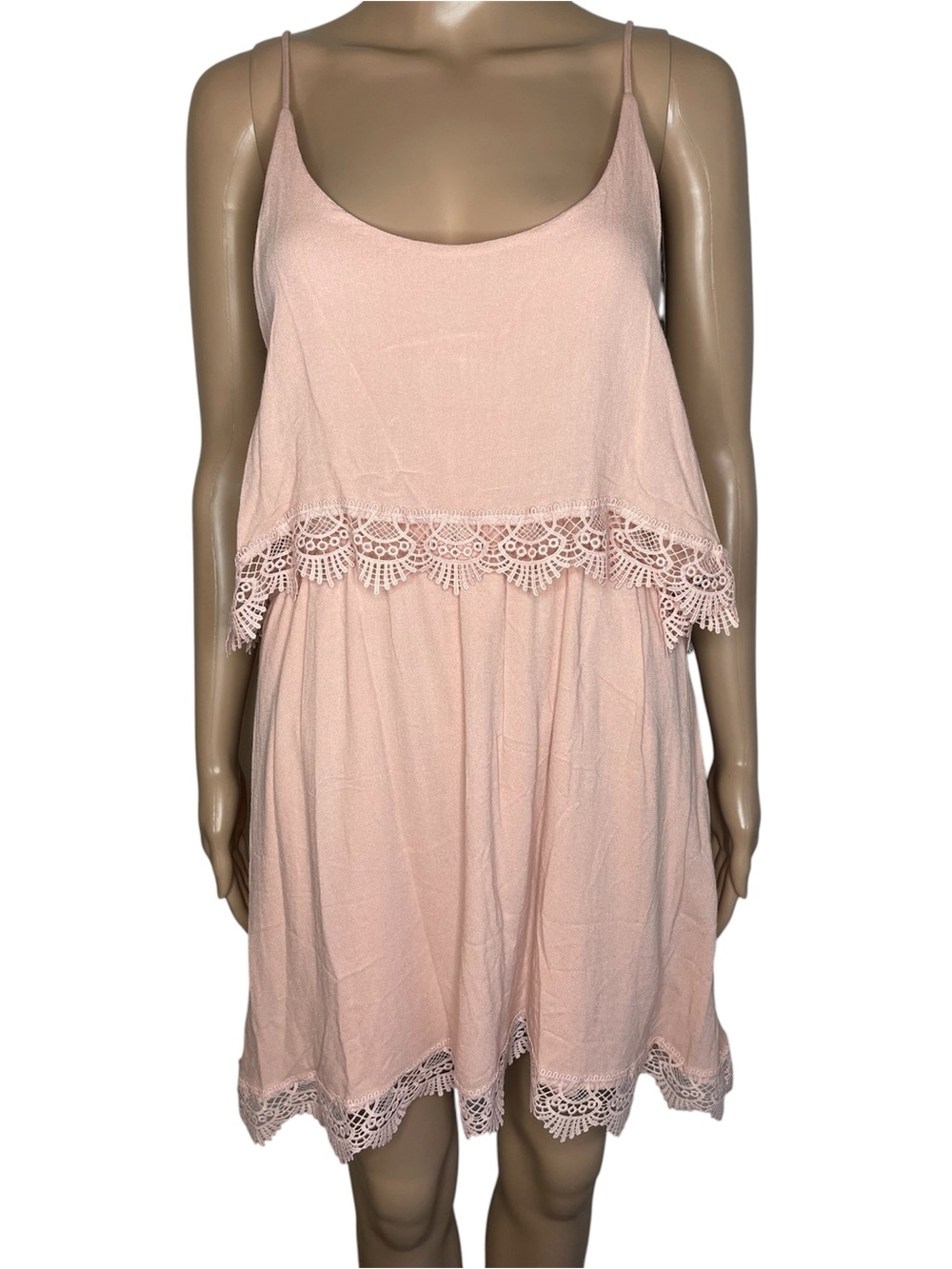 Adam Levine Light Peach Lace Trim Spaghetti Strap Mini Sundress Dress